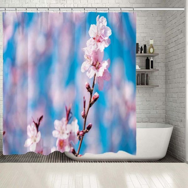 

shower curtains curtain spring cherry tree blossoms flowers countryside sunny day nature scenery po blue pink