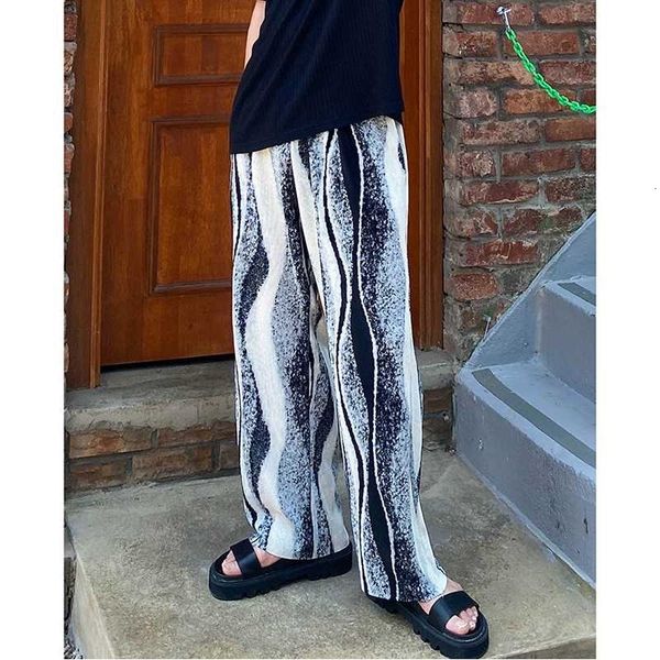 

men's male women korea japan style streetwear hip hop loose pant men print folds casual straight wide leg pants, Black