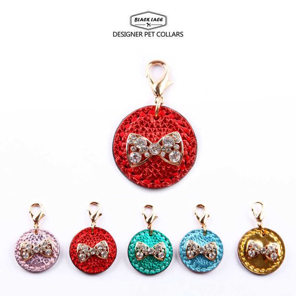 

leather pet dog chain medium sized handmade diamond bow id tag wtha