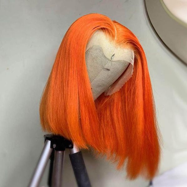 

synthetic wigs ginger orange straight preplucked short bob lace front wig for women 180% density baby hair glueless heat resistant, Black