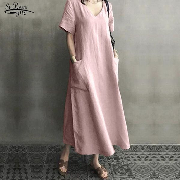 Algodão Linho V-Neck Maxi Vestido Mulheres Verão Vintage Plus Size M-5XL Vestido Longo Casual Bolsos de Manga Curta Vestidos 10139 210518