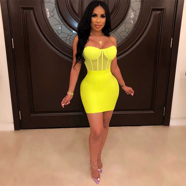 Neon Cal Verde Malha Ver Calhas Sem Mangas Metal Strap Joelho Comprimento Bodycon Dress Sexy Dois Peça Set Bra Top + Vestidos Clubwear 210709