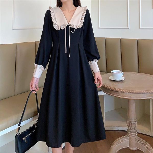 

korean style mid-length waist slim long-sleeved dress autumn doll collar dresses female clothes casual, Black;gray