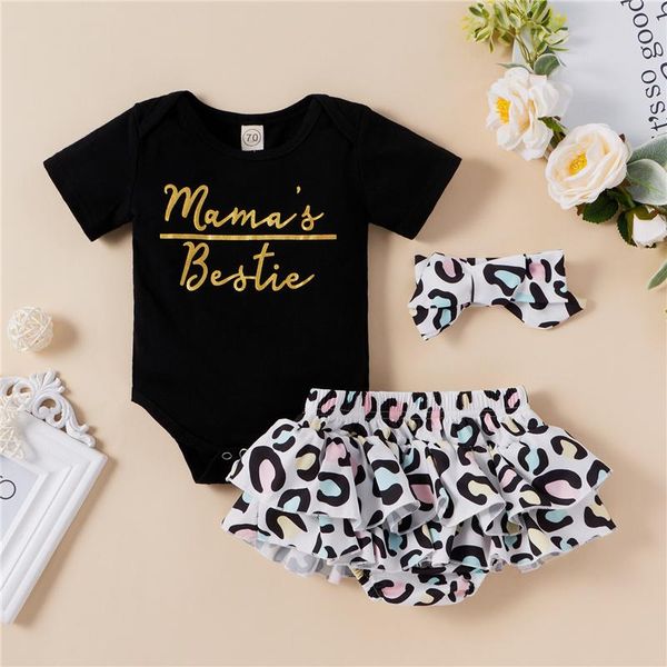 

clothing sets born baby girls fashion outfit set 3-pieces summer letter print romper+leopard shorts+headband, White