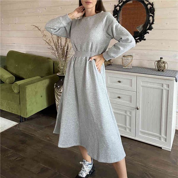 

casual dresses colorfaith winter spring women thicken high elastic waist long minimalist pockets wild warm dress dr1248 2obj, Black;gray
