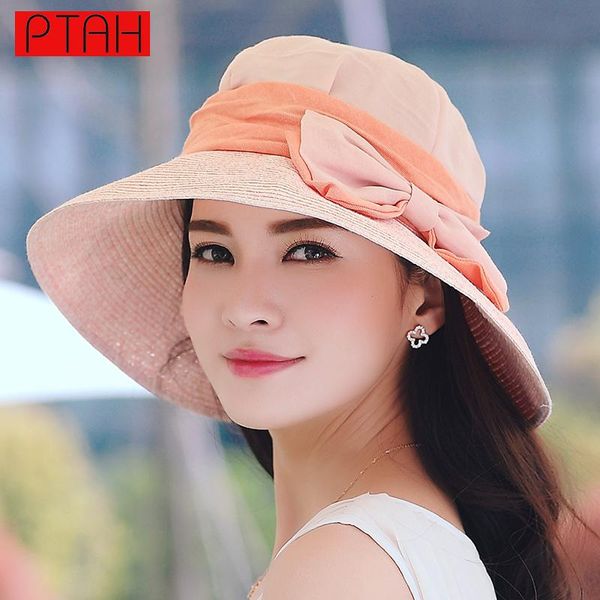 

floppy straw visor foldable wide large brim hats for women adjustable floral bowknot caps lady fashion beach sombreros 0012, Blue;gray
