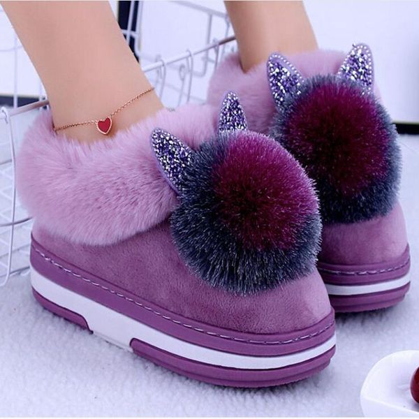 

flat slippers indoor furry warm women shoes 2021 winter fashion cartoon rhinestone d668, Black