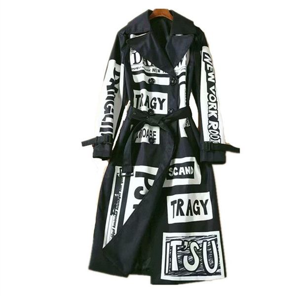 

women's trench coats spring autumn coat women fashion letter print long ladies classic double breasted belt outerwear, Tan;black