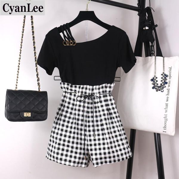 

summer arrival 2 piece women sets korean irregular shoulder short t shirt and high waist plaid shorts two pcs girl set dress, White