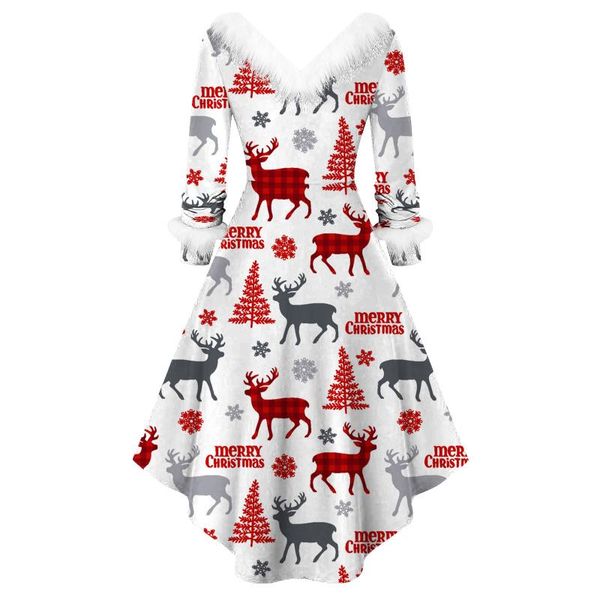 

casual dresses white print vintage christmas dress women winter big swing elegant short sleeve v neck year party plus size sundress, Black;gray