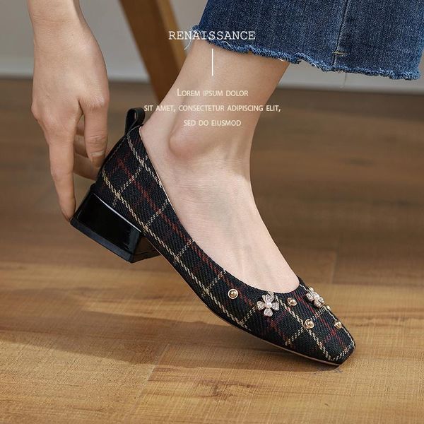 

dress shoes costume tweed slip-on women spring/autumn pearl metal decoration shallow pump square toe thick heel size 34-40, Black