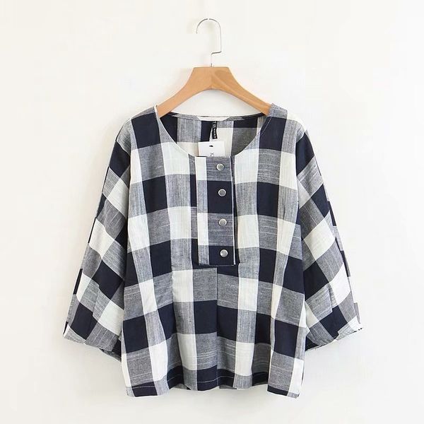 

summer cotton linen plaid blouse puff sleeve o neck pullover shirt loose casual preppy style xz2465 210525, White