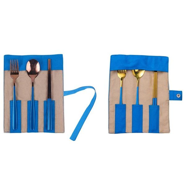 

set dinnerware portable stainless steel spoon fork chopsticks travel cutlery tableware with bag