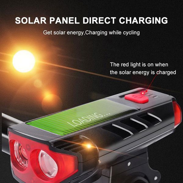 

front bike light dual charging method solar power usb rechargeable cycling lamp horn safety night lights