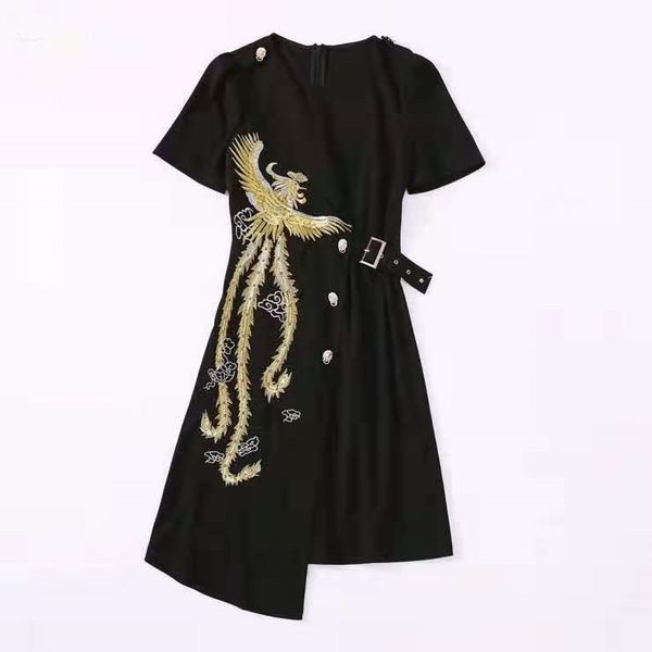 

european and american women's wear for summer 2021 short sleeved phoenix embroidered round neck fashion black dress, Black;gray