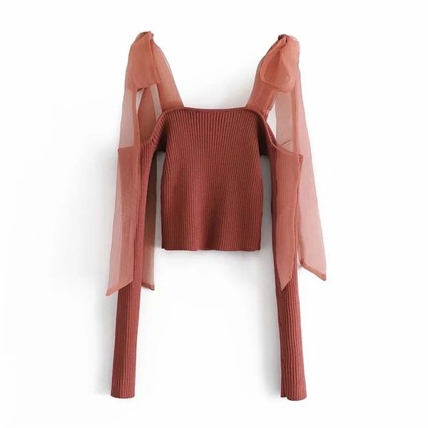 

women one shoulder net yarn splicing strapless sweater female long sleeve short pullover chic 210531, White