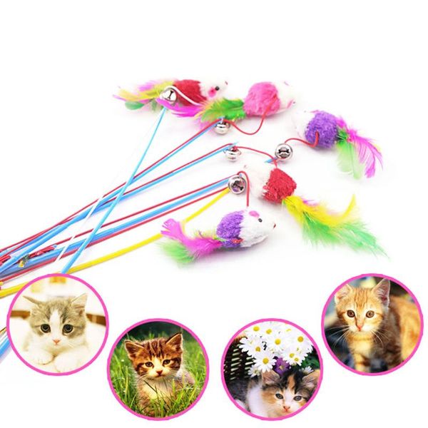 

cat toys 1pcs funny stick interactive false colorful feather plush mouse kitten mini mice playing toy random multicolor with bell