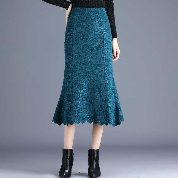 

skirts autumn& winter lace thickened skirt high waist thin versatile elastic casual women fashion fishtail, Black
