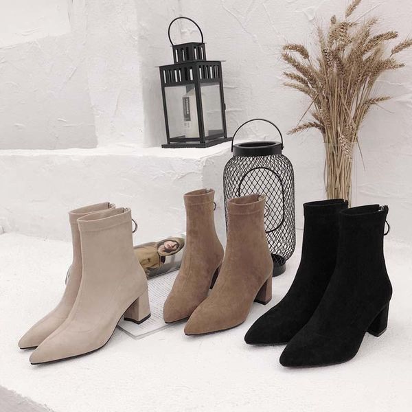 

boots mezereon faux suede ankle pointed toe women shoes zipper spring autumn winter square high heel h3zp, Black