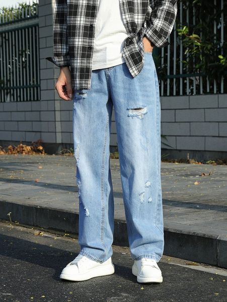 

men slant pocket ripped jeans z60b#, Blue