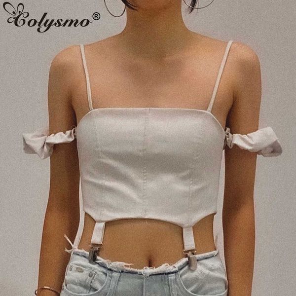 Colysmo Canotta con spalle scoperte Cinturino per spaghetti Cerniera con lacci Patchwork Bianco Backless Cami Donna Streetwear Chic Peplo 210527