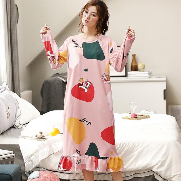 

women's sleepwear 2021women's homewear spring and autumn nightdress long sleeve round neck women nightgown sleep nightwear, Black;red