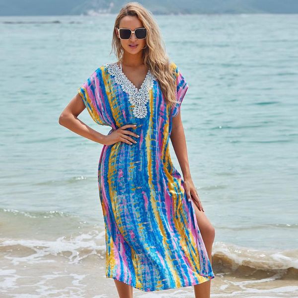 

tie-dye print beach dress ladies bikini cover up women 2021 swimwear long tunics bathing suits cover-ups beachwear women's, White;black