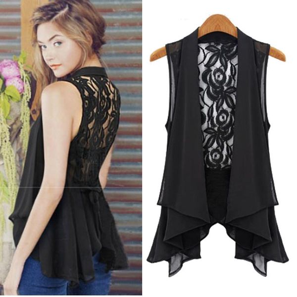 

women's vests summer style women vest plus size solid causal loose vintage lace patchwork chiffon hollow out slim for outerwear, Black;white