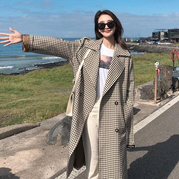 

women's trench coats 2021 female coat for women style vintage autumn and winter long plaid waist belt clothes, Tan;black