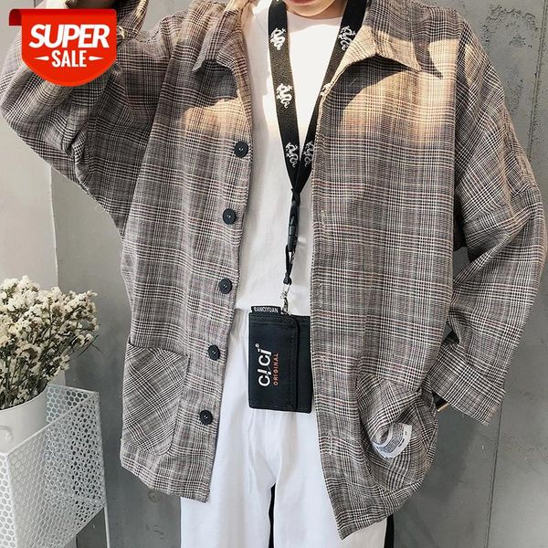 

2018 japanese style men's lattice printing casual coats cotton clothes long sleeves loose fashion grey/khaki shirts size -2xl #uh7l, White;black