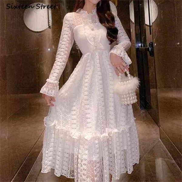 Weißes Spitzenkleid Frau elastische Büste Elegante Maxi Vestido Kleidung Flare Sleeve Vintage Brautjungfer Party Kleider weiblich 210603