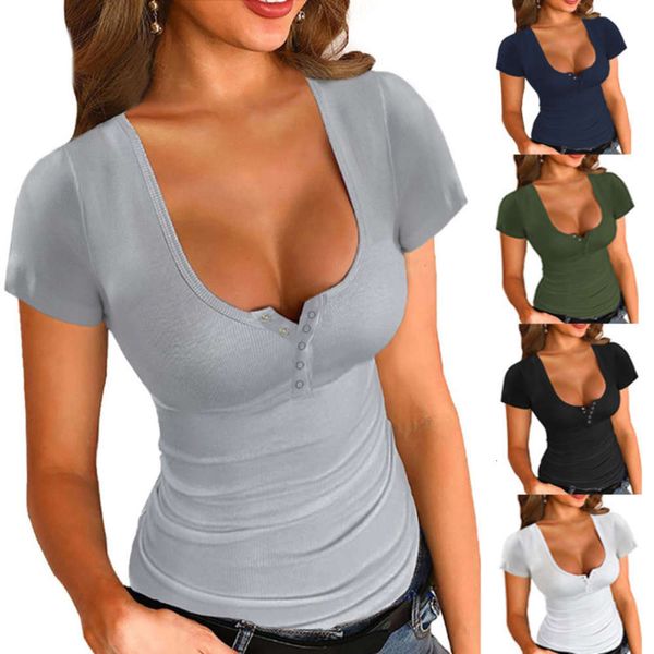 

2021 summer new women's solid casual t-shirt u-neck pullover tight short sleeve top, Black;gray
