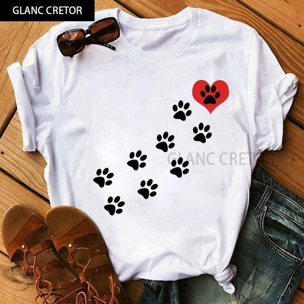 

red heart dog print t shirt female short sleeve tee shirts ladies cute t-shirt fashion women summer casual women's, White
