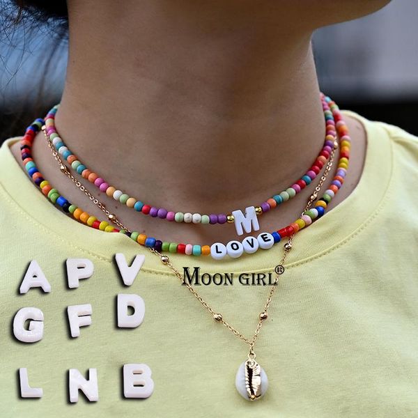 

chains 3pcs/lot initial necklace for women fashion colorful beads love letter choker shell pendant boho trendy jewelry accessoriec, Silver