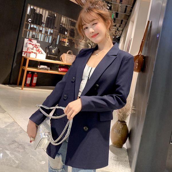 

ol casual double breasted women blazer jacket notched collar female jackets fashion suits outwear spring autumn coat 210423, White;black