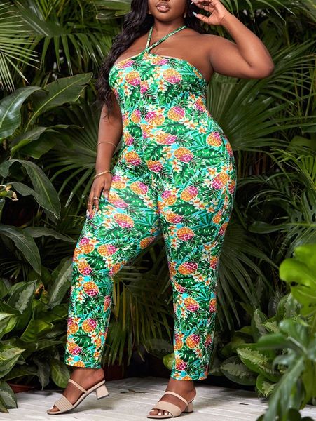 

sxy plus pineapple & tropical print criss cross tie backless jumpsuit 25ii#, Black