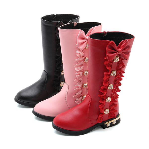 

winter kids knee high boots fashion lace bow girl princess shoes non-slip children girls snow boots size 27-38 stq043, Black;red