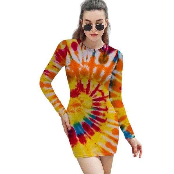 

casual dresses o-neck tie dye printed long sleeve dress autumn clothing for woman 2021 fall clothes vintage women bodycon, Black;gray