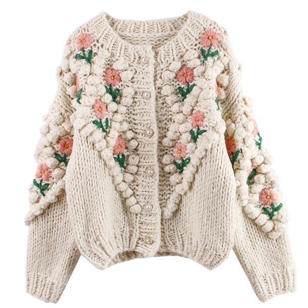 

women's knits & tees runway women autumn winter embroidered flowers cardigan outerwear knit luxury sweet sweaters lad, White