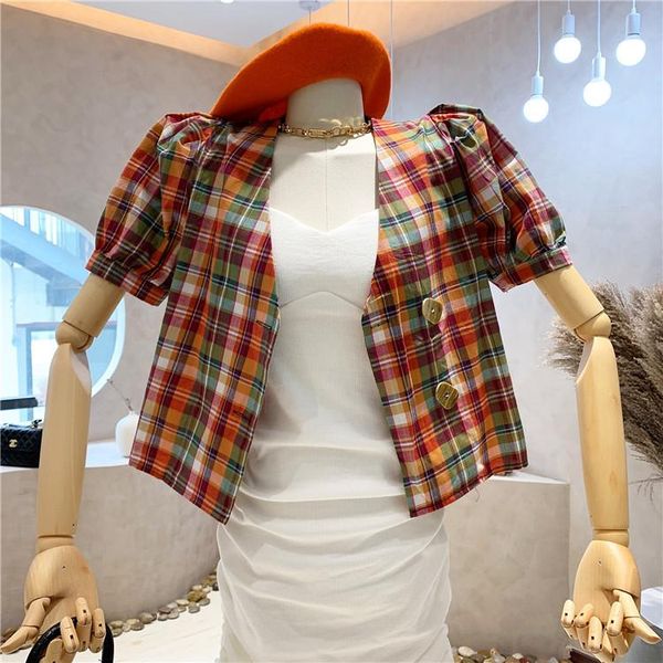 

women's blouses & shirts french retro plaid shirt jacket female 2021 summer bubble short-sleeved design sense short simple lattice blou, White