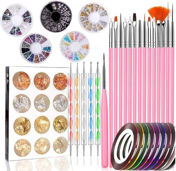 

nail art kits 47 pcs decoration kit 15 brush 5 point pencil 10 adhesive tapes rhinestones 12 paillette foil sticker