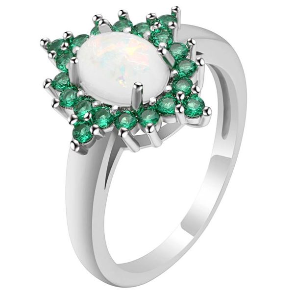

wedding rings green cubic zirconia lady flower ring white gold filled vintage opal oval women bands engagement party finger, Slivery;golden