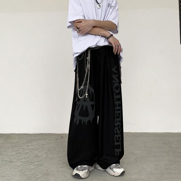 

men's jeans letter printed trousers 2021 summer high street hip-hop retro straight casual loose graffiti wide-leg goth pants, Blue