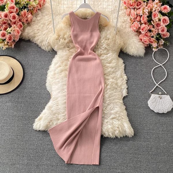 

summer knit long solid women dresses o neck sleeveless hollow out back slim rib ankle length split party maxi vestidos, Black;gray