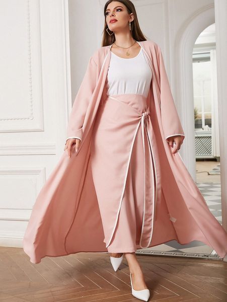 

contrast binding open front coat & knot front skirt g2st#, White