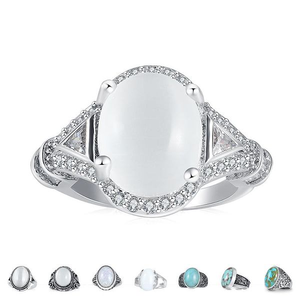 

women antique sillver plated moonstone opal ring vintage fashion finger jewelry for female cluster rings, Golden;silver