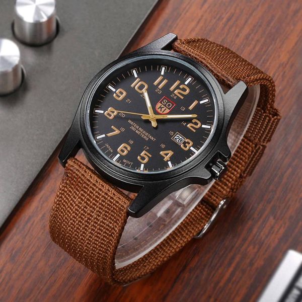 

wristwatches man nylon military watches alloy bracelet clasp calendar function quartz analog male digital wrist watch, Slivery;brown