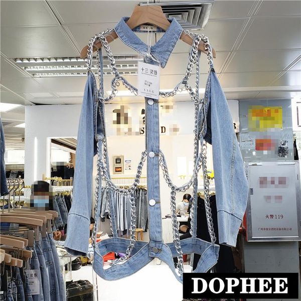

women's jackets streetwear cool chain denim jacket harajuku style hollow coat casual street jeans outwears, Black;brown