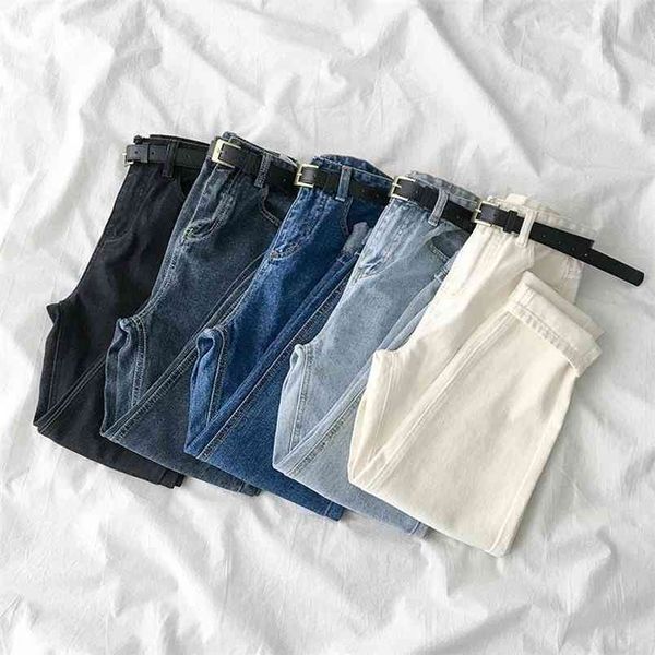 

women jeans spring soild color streetwear high waisted denim trousers girl loose casual straight pants for famale with belt 210708, Blue