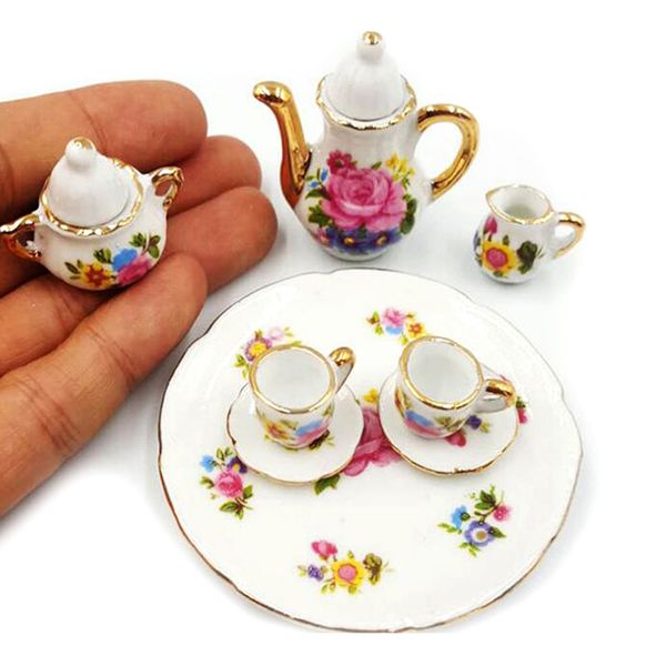 

8 Pcs/Lot 112 Cute Miniature Dollhouse Dinnerware Porcelain Tea Set Tableware Cup Plate Colorful Floral Print